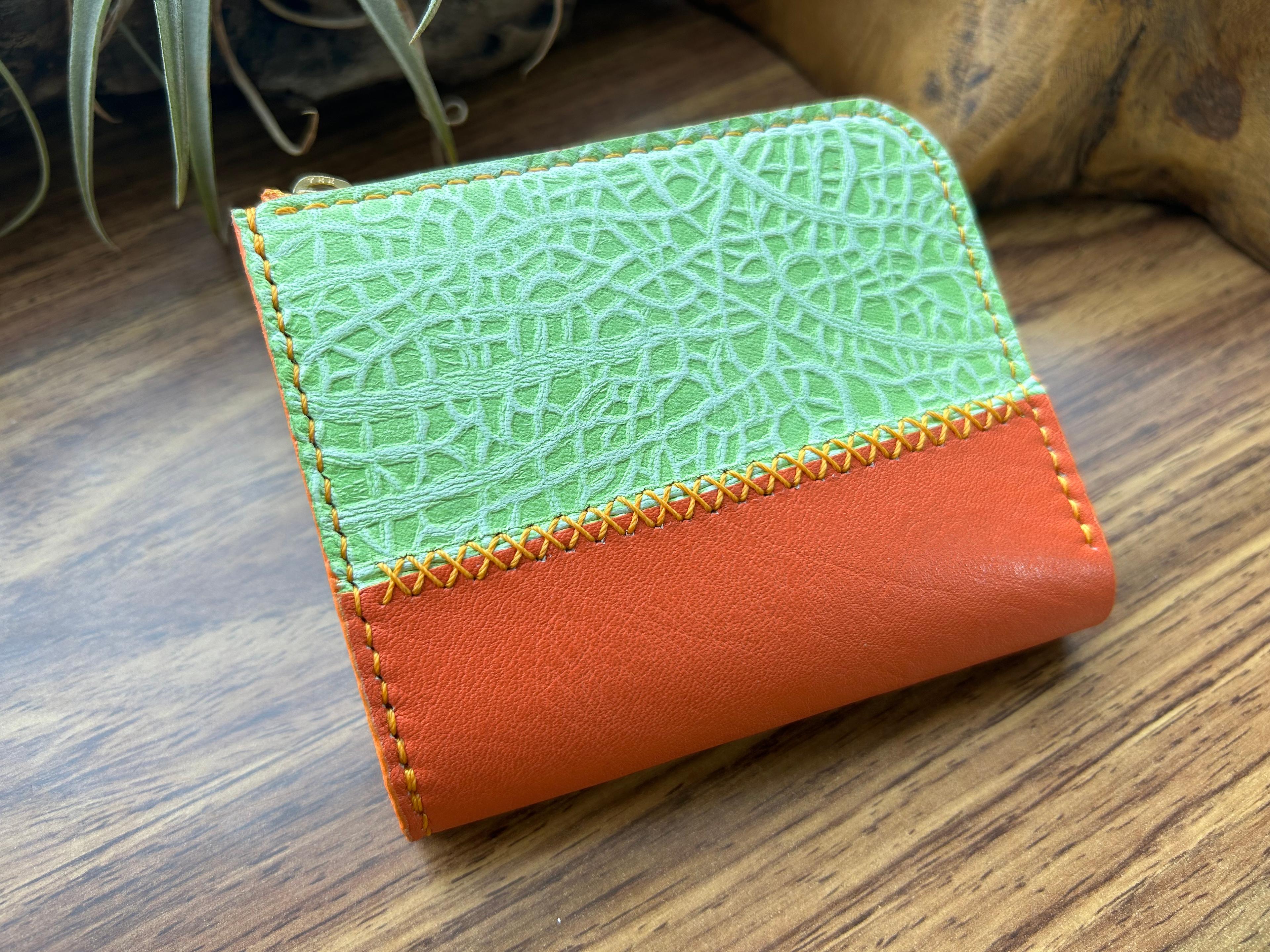 【メロン】本革　L字ファスナー財布　メロン型押し本革　ハンドメイド　手縫い